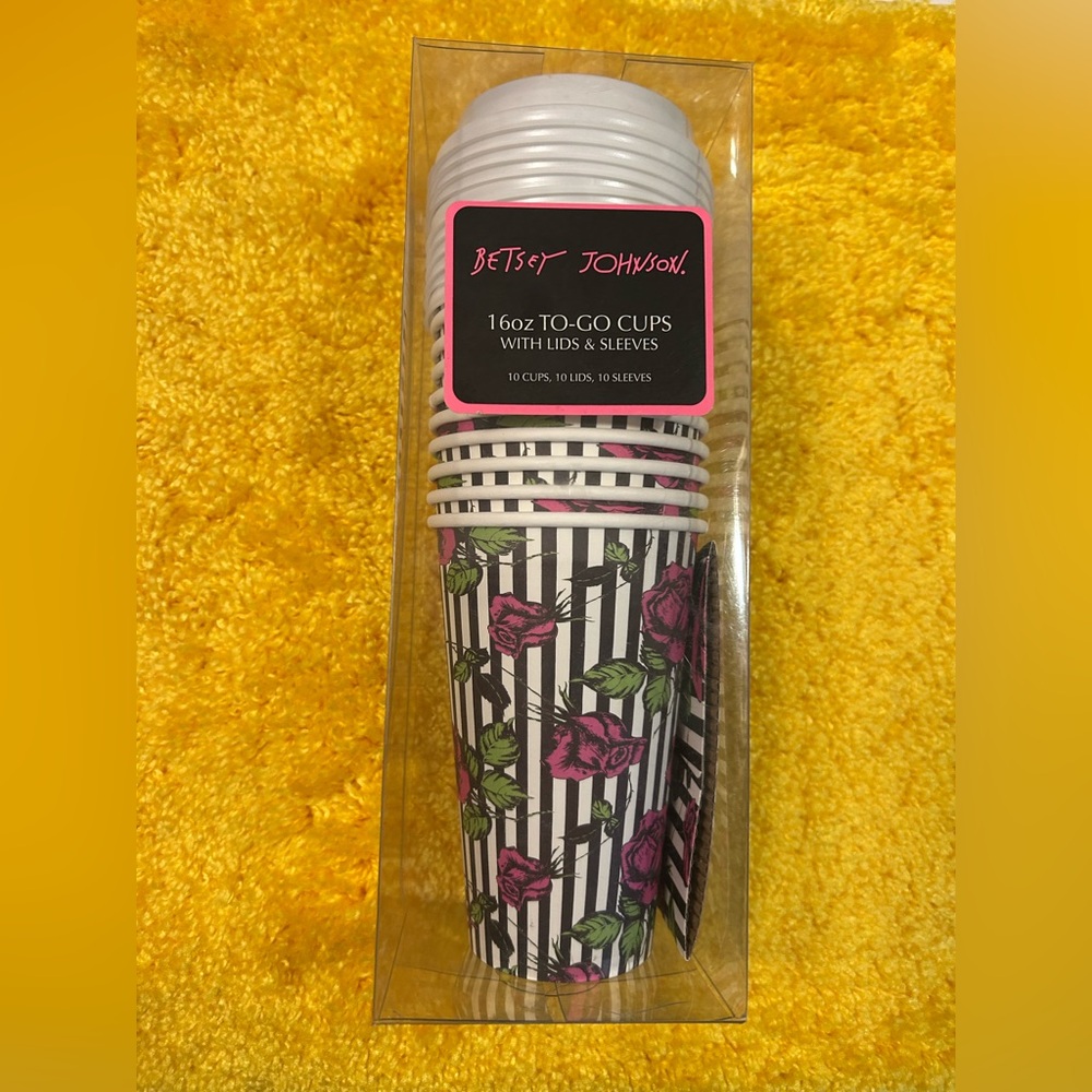 Betsey Johnson 16oz to-go cups rose-patterned striped 
with lids and sleeves